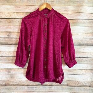 By Anthropologie Susanna Red Maroon Floral Velvet Burnout Button Down Top Sz XS